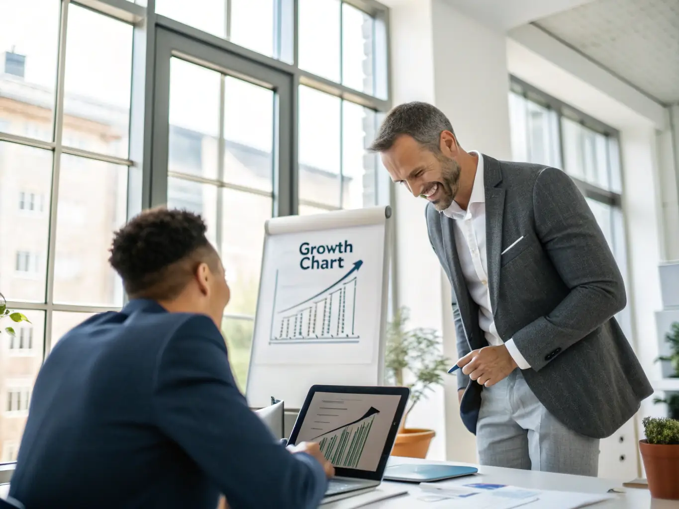 A business owner confidently presenting a growth chart to their team, symbolizing the positive outcomes of Strategic Financial Planning.