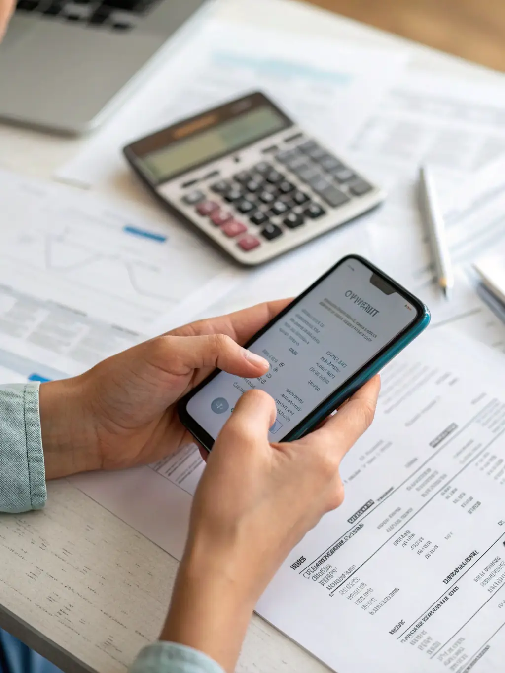 A person tracking expenses on a mobile app with graphs showing spending patterns and areas for potential savings.