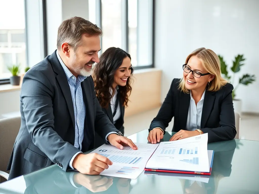 A professional business coach reviewing a detailed financial report with a focused expression, highlighting the depth of analysis provided in Expense Analysis.