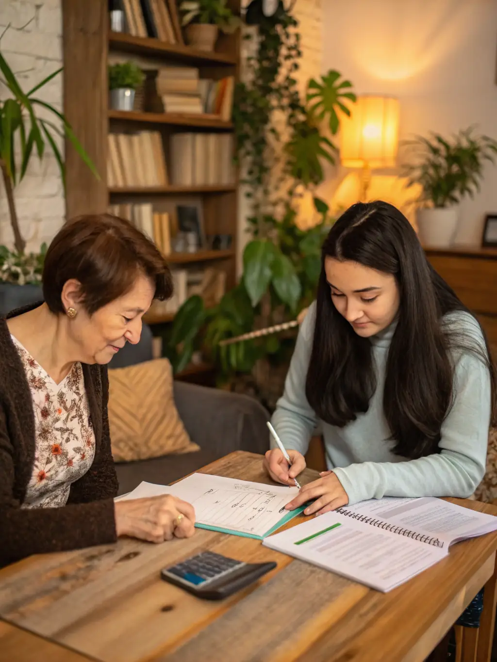 A professional business coach guiding a client through a budgeting spreadsheet, highlighting key areas for cost reduction and financial planning.